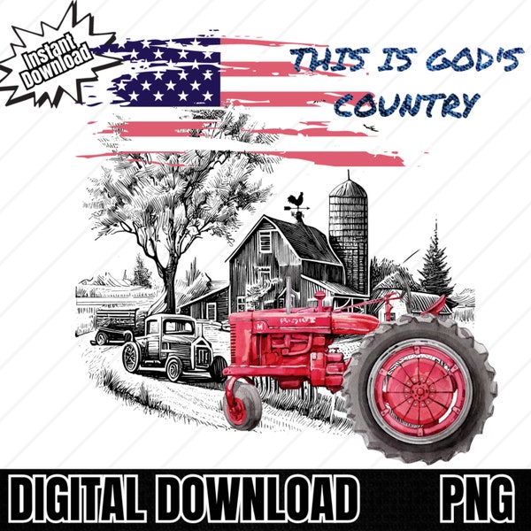 This is God's Country PNG , Old Red Farm Tractor, Farmstead with US flag PNG Digital Download, Barn Png digital design.Transparent Backgroun