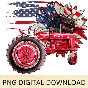May include: A red tractor with a large front tire, partially obscured by a sunflower with red, white, and blue petals. The sunflower is in front of a distressed American flag.