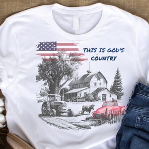 Farmstead with Old red Farm tractor, old truck, farmstead with US flag PNG Digital Download,Transparent Background.