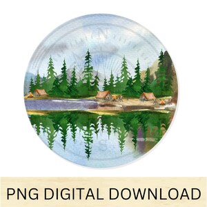 Camping on lake water color scene Png Download,  trees, tent , lake reflection compass backDigital PNG  Download, Transparent Background