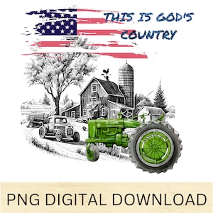 Puede incluir: Una ilustraci&oacute;n en blanco y negro de una escena de granja con un tractor verde, un granero rojo y un silo. El texto "This is God's Country" est&aacute; escrito en azul sobre una bandera estadounidense roja, blanca y azul.