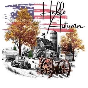 Hello Autumn, Happy Fall,Farmstead with Old red Farm tractor, old truck, 3 designs PNG Digital Download,Transparent Background.