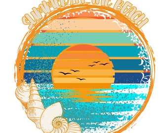 Été à la plage, coucher de soleil rétro téléchargement png, téléchargement numérique, bordure de cercle de coquillages de conception de plage