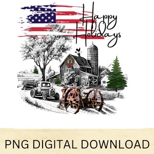 Happy Holidays Farmstead with Old red Farm tractor, old truck, 2 tractor designs PNG Digital Download,Transparent Background.