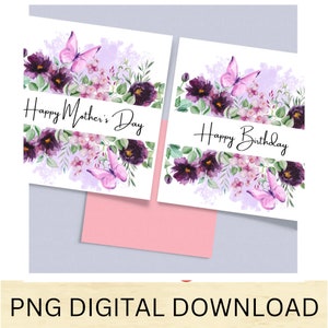 2 dessins joyeux anniversaire, bonne fête des mères téléchargement numérique Png, fleurs violettes et fond de brume de lavande fond transparent