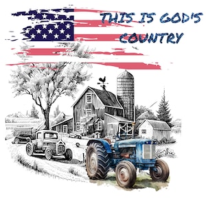 Este é o país de Deus PNG, design de trator agrícola azul antigo, Farmstead, celeiro com bandeira dos EUA Download digital PNG, fundo transparente