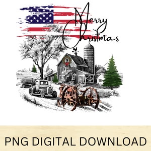 Merry Christmas Farmstead with Old red Farm tractor, old truck, 2 tractor designs PNG Digital Download,Transparent Background.