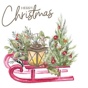 Trineo de madera rojo PNG, árbol de Navidad, linterna, feliz Navidad, felices fiestas y 3 variaciones de texto PNG descarga digital. Fondo transparente