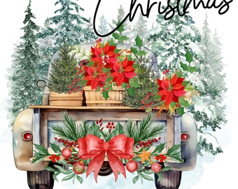 Feliz Navidad PNG, camión viejo PNG, árboles de Navidad PNG, poinsettia en cesta Descarga digital, sublimación, Fondo transparente