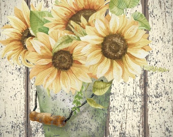 Könnte beinhalten: Aquarell-Illustration von Sonnenblumen in einem verwitterten grünen Eimer mit Holzgriff. Die Sonnenblumen haben gelbe Blütenblätter und braune Zentren, mit grünen Blättern. Der Hintergrund ist eine verwitterte, cremefarbene Holzoberfläche.