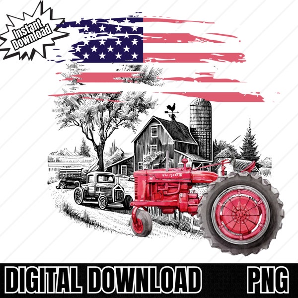 Farmstead Png with Old Red Farm tractor, Old Truck, Farmstead with US flag PNG Digital Download, Transparent Background, Patriotic Design