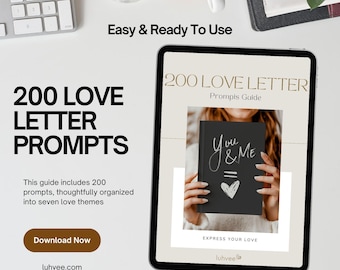 May include: A digital tablet displaying a guide for writing 200 love letters. The guide includes prompts organized into seven love themes. The tablet is on a white surface with a keyboard and a plant in the background. The text on the tablet reads "200 Love Letter Prompts Guide" and "Express Your Love".