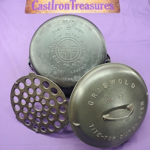 May include: A collection of vintage cast iron Griswold Dutch ovens and accessories. The lids and the oven are dark gray with embossed text. The text "CastIron Treasures" is visible in the background.