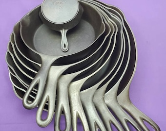 Rare Complete #0, 5-12 &quot;WAGNER&quot; Sidney Cast Iron Skillet Set with Heat Ring Smooth Clean Sits Flat 1800s Ready To Use Or Display Beautiful