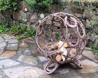 Garden Outdoor Fire Pit Horseshoe Sphere Handmade Equestrian Gift FREE UK DELIVERY Mainland Upcycled Log Burner Also Sphere Sculptures