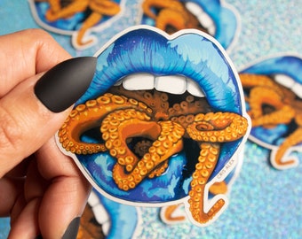 Ocean Octopus Makeup - Waterproof Vinyl Die Cut Sticker, Unique Surreal Lip Art, Laptop Tumbler Decal