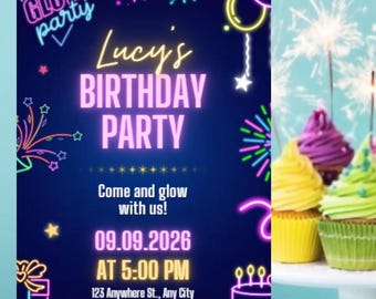 Glow Party Invitation – Neon Lights Editable Teen Birthday Invite, Instant Download, Digital Template