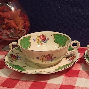 Set of 2 Old Foley, James Kent Soup Bowls With Plates. Sandringham Pattern. C1950S.