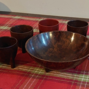 Six Wood Effect Eggcups and a Finger Bowl - 1970s style