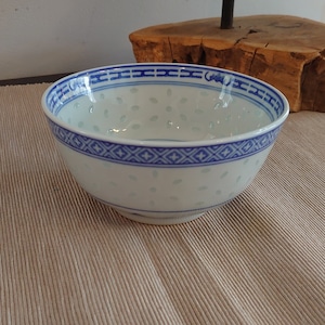 Authentic Original Chinese Rice Bowl - Opaque Diamond Cut-out Patterning - Blue and White