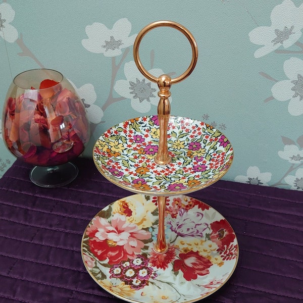 M&S Small Colourful Floral Tiered Fairy Cake Stand - Excellent Condition