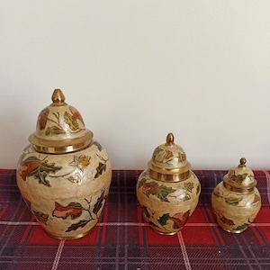 Set of Three Cloisonne Enamelled Brass Graduated Ginger Jar Ornaments.