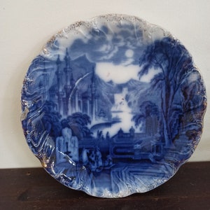 Antique Flow Blue Decorative Cabinet Plate. Old Istanbul. 19th Century.