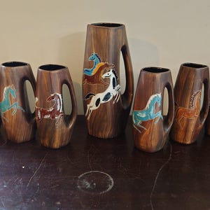 Enamelled Brush-Painted Pottery Horse Jugs - 1 Large, 6 Small - Unique Find - Good Condition