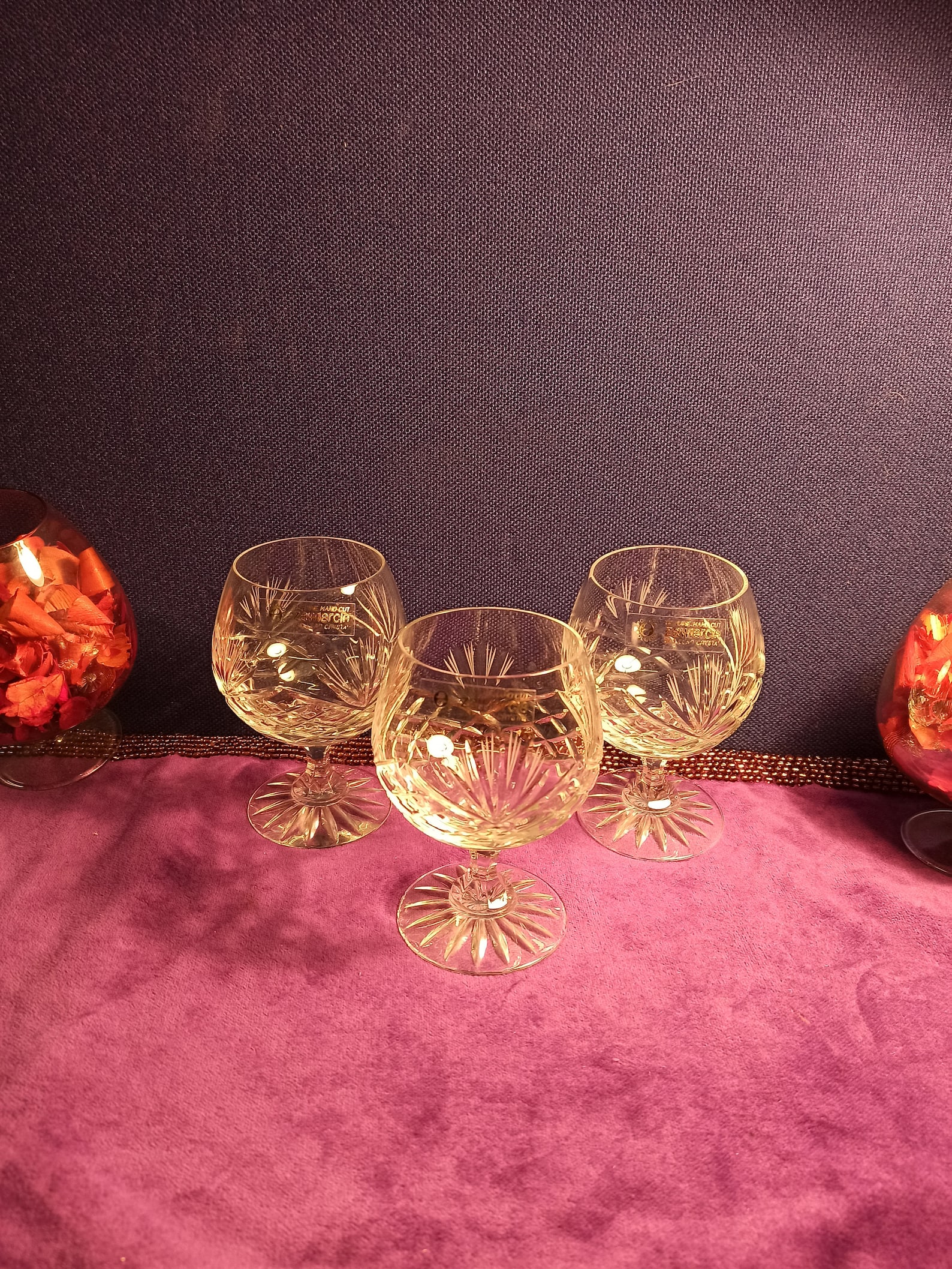 Trio of Zawiercie Crystal Cut Brandy Glasses. Excellent Etsy UK