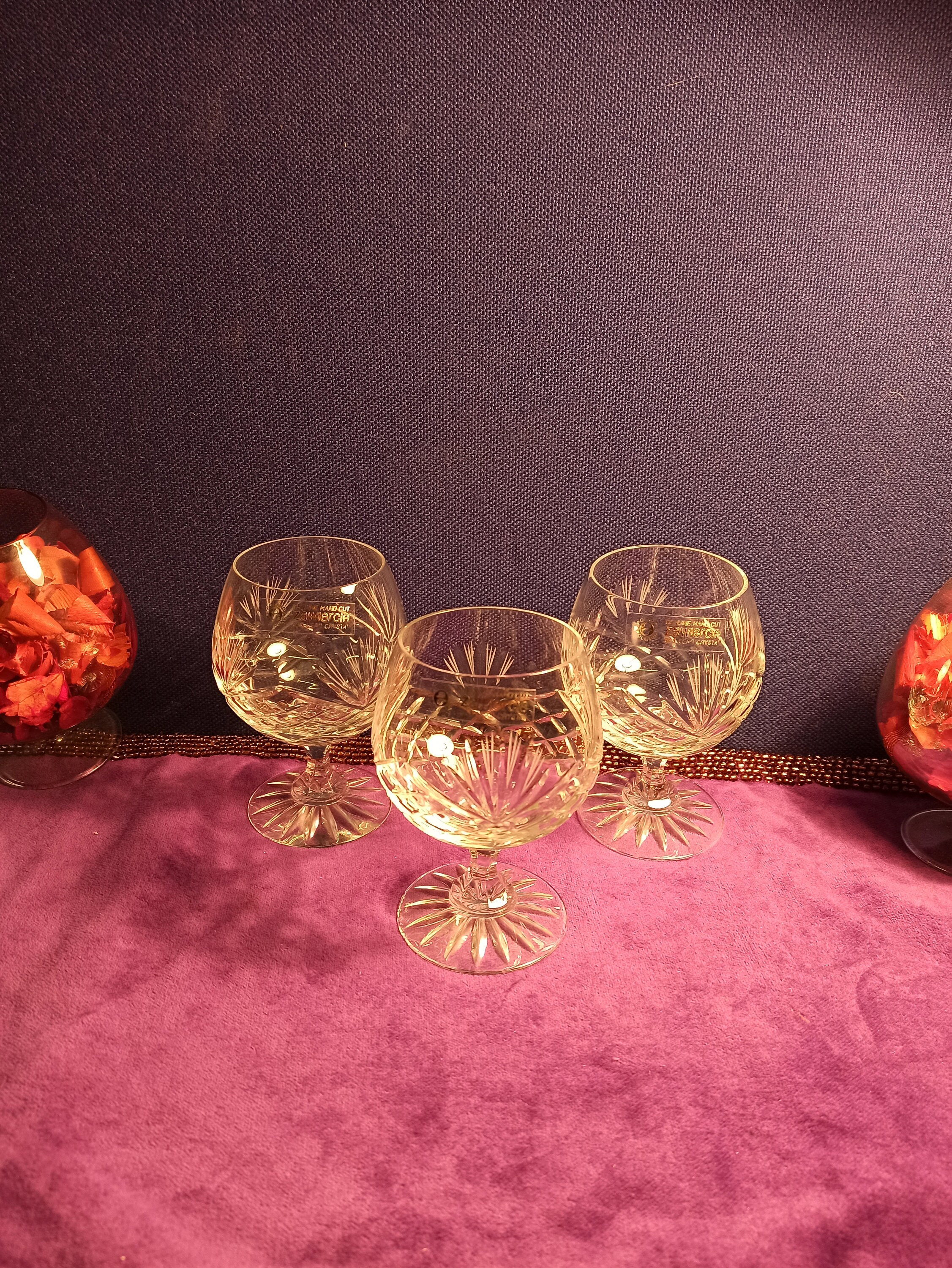 Trio of Zawiercie Crystal Cut Brandy Glasses. Excellent Etsy UK