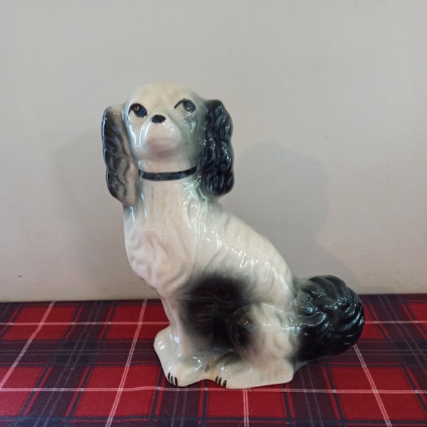 Victorian Staffordshire Dog Mantel Ornament. Springer Spaniel. Black, White And Grey.