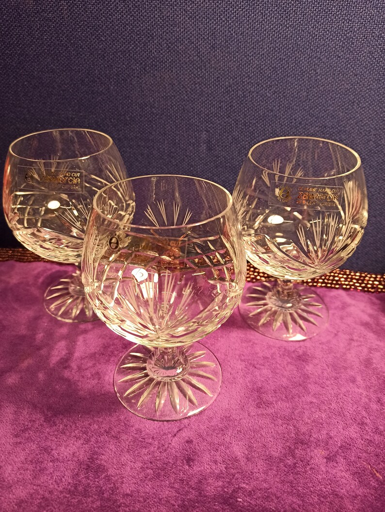 Trio of Zawiercie Crystal Cut Brandy Glasses. Excellent Etsy UK