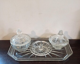 Dressing Table Vanity Set. 2 x Powder Jars And 1 x Ring Holder. Good Condition.