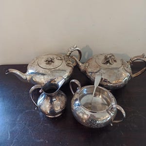 Set of Antique Tea Silver Teapots (x2) , Sugar Bowl and Milk Jug. (Electro Plated Silver). 1912. Antique.