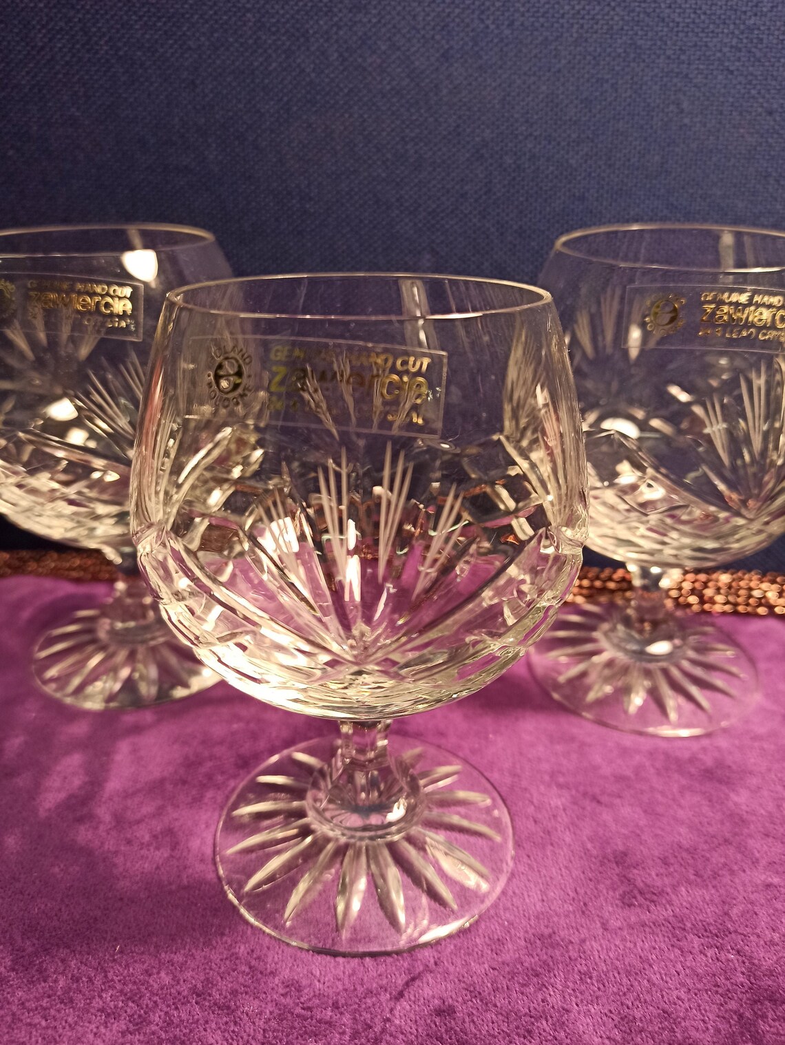 Trio of Zawiercie Crystal Cut Brandy Glasses. Excellent Etsy UK