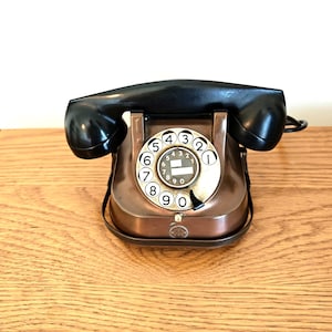 Vintage Copper & Bakelite Belgian RTT56B Rotary Telephone with Original Straight Flex Cord