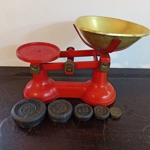 Red / Orange Kitchen Scales. F.J Thornton Co. Ltd. Vintage. Including Weights.