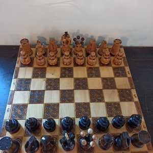 Vintage Wooden Chess Set With Board. Hand Carved. Very Good Condition.