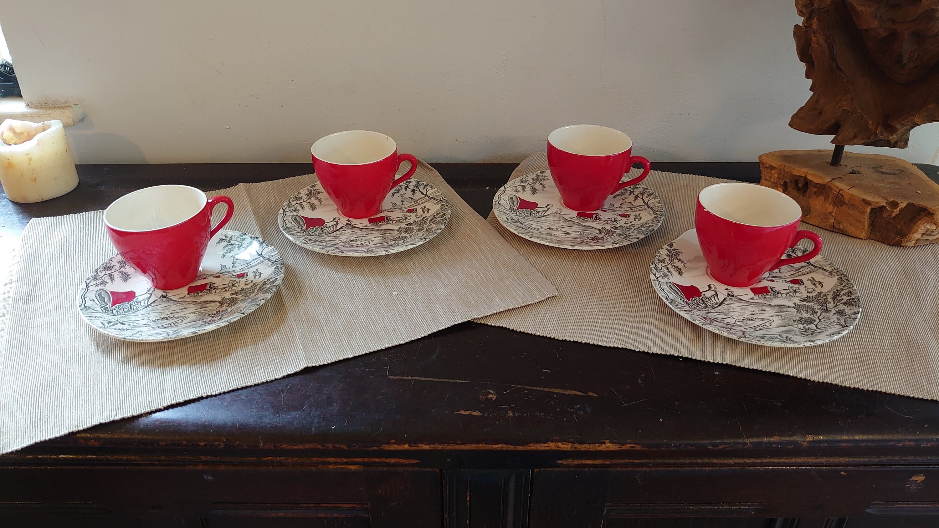 Four Hanley Washington Pottery 1950s Wagon Trail Design Cups