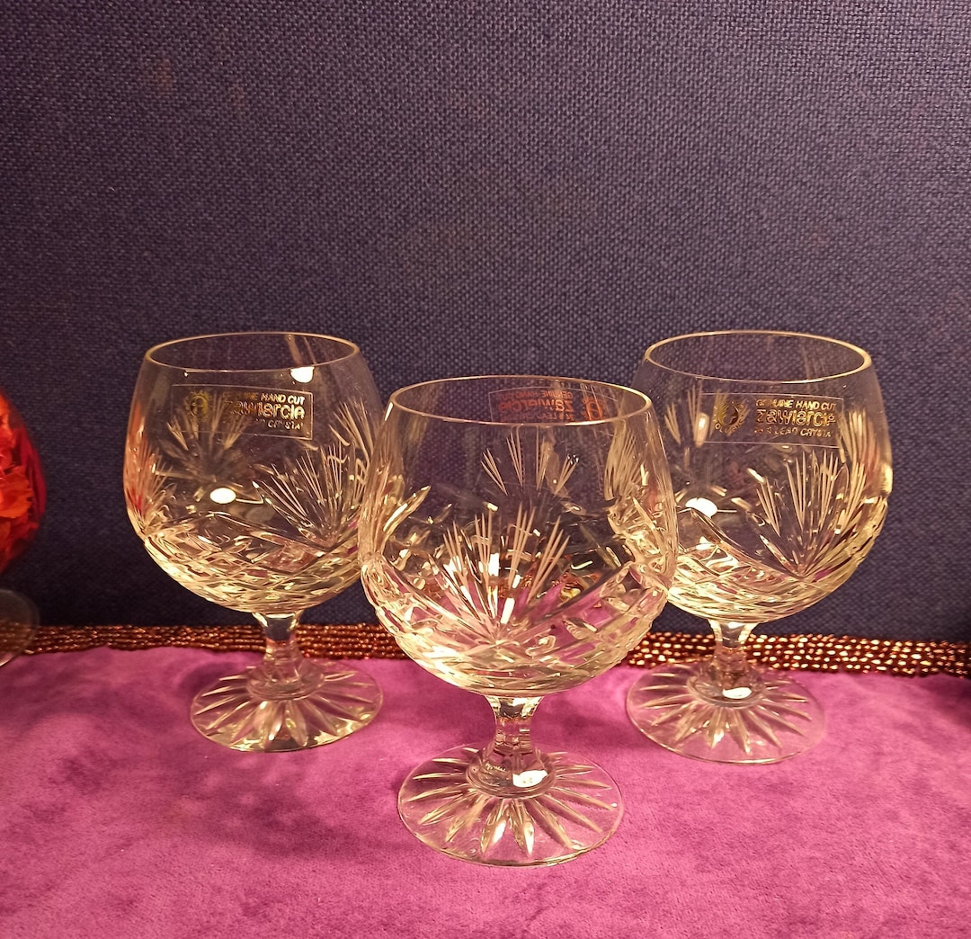 Trio of Zawiercie Crystal Cut Brandy Glasses. Excellent Etsy UK