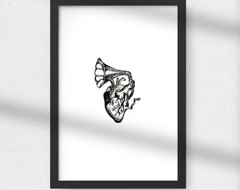 Music Heart Gramophone Drawing Illustration Art Design Wall Decoration Black and White Fine Line