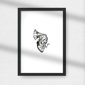 Music Heart Gramophone Drawing Illustration Art Design Wall Decoration Black and White Fine Line