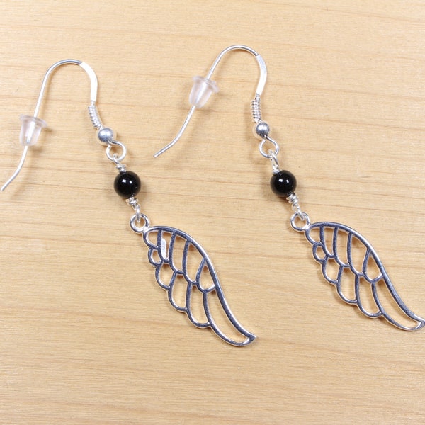 Ailes et agates noires | Argent 925 | Crochets d'oreilles | Boucles d'oreilles pendantes | Pierres fines naturelles | Oiseau | Noël femme