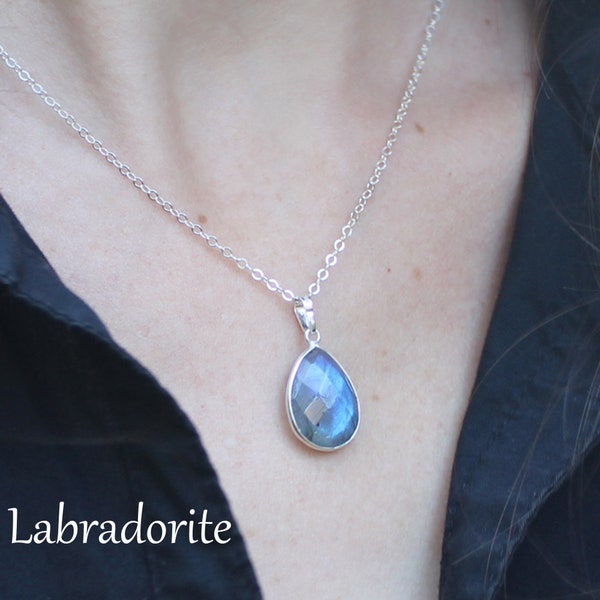 Labradorite sertie, Argent925, Goutte facettée, Collier, Pendentif pierre fine naturelle, Pierre gemme, Argent massif, Cadeau Fête des mères