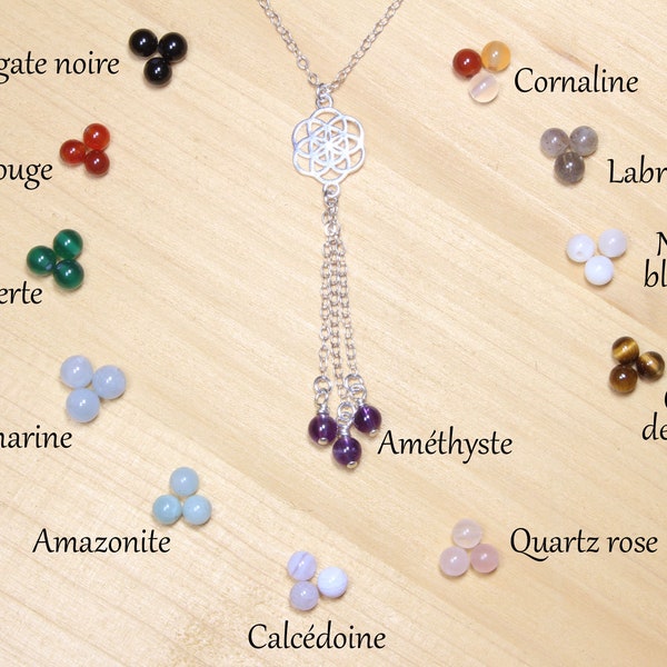 Collier personnalisable pierres fines naturelles, fleur de vie, Argent 925, Agate Améthyste Nacre Quartz rose, bleu, Cadeau Fête des mères