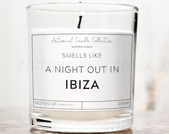 Smells Like A Night Out In Ibiza, Funny Gift For Her, Rude Candle Labels, Birthday Gifts, Joke Gift For Friend, Travel Gifts for Him, ™