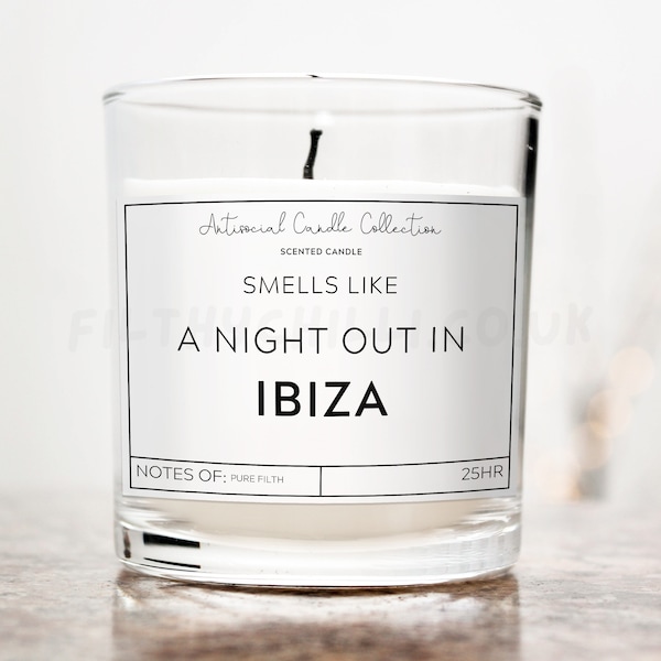 Huele a noche de fiesta en Ibiza, regalo divertido para ella, etiquetas de velas groseras, regalos de cumpleaños, regalo de broma para un amigo, regalos de viaje para él, ™