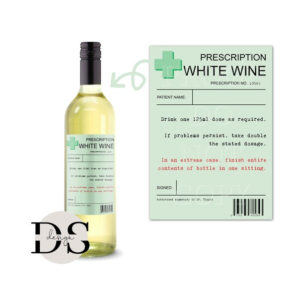 Prescription White Wine Label, White Wine Bottle Sticker, Wine Bottle Label, White Wine Gift, Personalised Wine Label, Birthday Gift for Her
