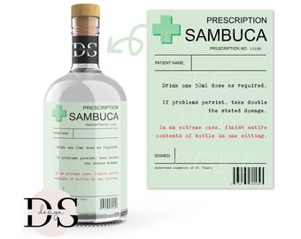 Prescription Sambuca Label, Sambuca Gift, Sambuca Bottle Label, Sambuca Bottle Sticker, Personalised Sambuca Bottle, Birthday Gift for Her