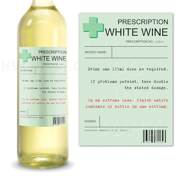 Prescription White Wine Label, White Wine Bottle Sticker, Wine Bottle Label, White Wine Gift, Personalised Wine Label, Birthday Gift for Dad